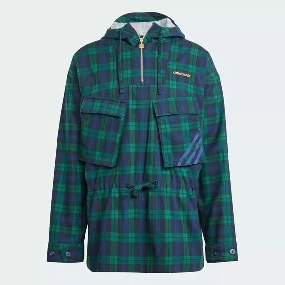 ADIDAS Hooded Windbreaker Jacket Mens M Plaid Tartan‎ Green Navy IX9636 NWT $120 - Picture 1 of 6
